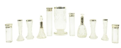 Lot 111 - EARLY 20TH CENTURY HALLMARKED SILVER & GLASS VASES & BOTTLES