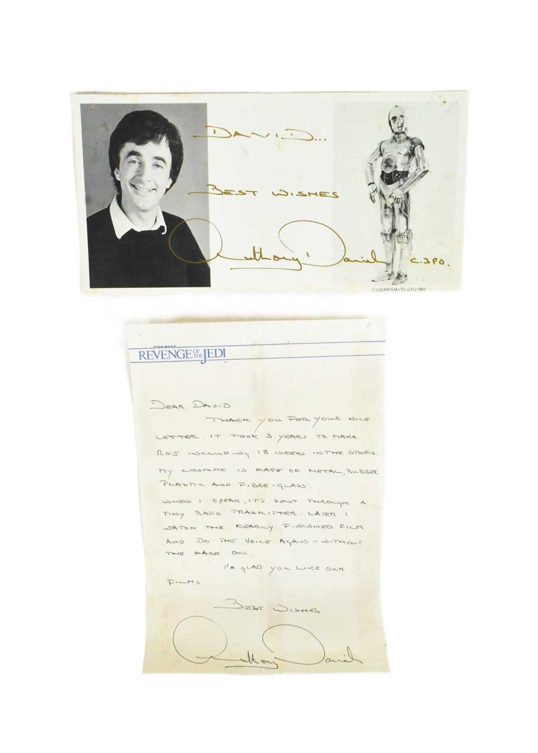 Lot 100 - STAR WARS - ANTHONY DANIELS ORIGINAL LETTER & PHOTOGRAPH