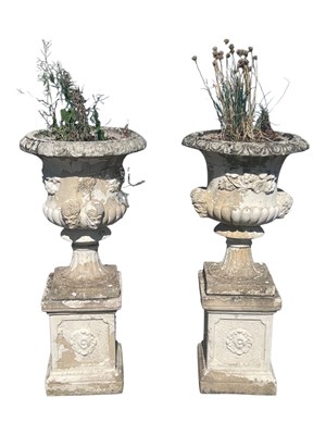 Lot 961 - TWO 20TH CENTURY STONE GARDEN CAMPANA URN PLANTERS