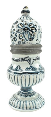 Lot 28 - DELFT BELIEVED 18TH CENTURY BLUE & WHITE SUGAR CASTER