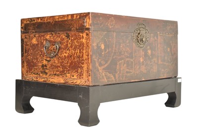 Lot 406 - CHINESE RED & BLACK LACQUERED TRUNK CHEST ON BASE