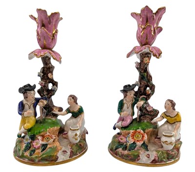 Lot 18 - PAIR OF 19TH CENTURY HAND PAINTED PORCELAIN CHAMBER CANDLE HOLDERS