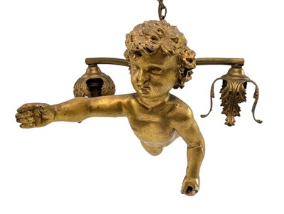 Lot 407 - 19TH CENTURY VICTORIAN GILTWOOD AND PLASTER CHERUB CEILING LIGHT