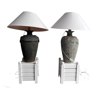 Lot 794 - TWO LARGE 19TH CENTURY EARTHENWARE FISH LAMPS