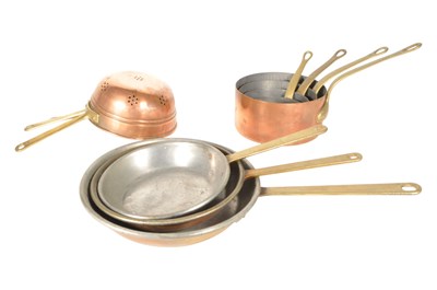 Lot 383 - SETS OF VINTAGE GRADUATING COPPER PANS AND COLLIANDERS