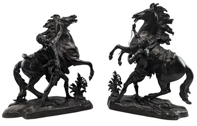 Lot 278 - AFTER GUILLAUME COUSTOU (1677-1746) - PAIR OF FRENCH PATINATED BRONZE MARLEY HORSES