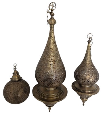 Lot 329 - THREE MOROCCAN ORIENTAL BRASS PIERCED PENDANT LIGHT LANTERNS