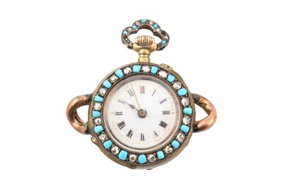 Lot 45 - SWISS 19TH CENTURY 18CT GOLD DIAMOND TURQUOISE FOB WATCH