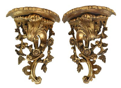 Lot 442 - PAIR OF FRENCH LOUIS XV MANNER GILTWOOD WALL BRACKET SHELVES