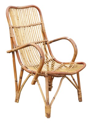 Lot 622 - ITALIAN MODERN DESIGN - MID CENTURY BAMBOO & RATTAN WEAVE ARMCHAIR