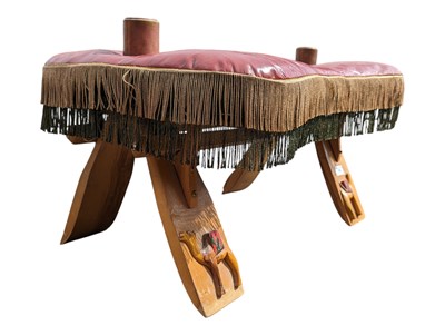 Lot 600 - 1970S HARDWOOD & RED LEATHER CAMEL STOOL