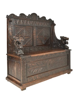 Lot 440 - 19TH CENTURY VICTORIAN CARVED OAK HALL SETTLE IN THE JACOBEAN STYLE