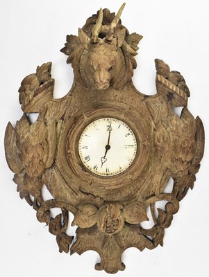 Lot 319 - CONTINENTAL BLACK FOREST EARLY 20TH CENTURY CARVED OAK WALL CLOCK