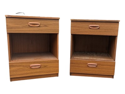 Lot 610 - BRITISH MODERN DESIGN - MID CENTURY RETRO FAUX TEAK BEDSIDE CABINETS