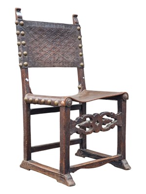 Lot 684 - 18TH CENTURY OAK & LEATHER ARMCHAIR