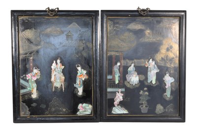 Lot 498 - TWO CHINESE 19TH CENTURY BLACK LACQUERED PANELS W/ PORCELAIN FIGURES