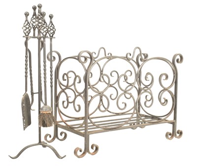 Lot 391 - LATE 20TH CENTURY WROUGHT IRON LOG BASKET AND COMPANION SET