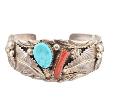 Lot 320 - LESTER CRAIG NAVAJO SILVER CORAL & TURQUOISE BANGLE