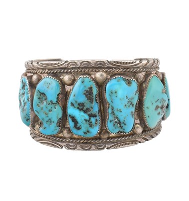 Lot 317 - SIGNED STERLING SILVER & TURQUOISE CUFF BANGLE