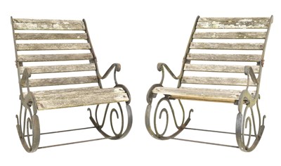 Lot 530 - PAIR OF EARLY 20TH CENTURY CAST METAL & WOODEN GARDEN ROCKING CHAIRS