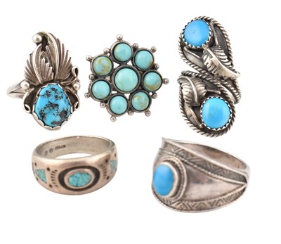 Lot 319 - COLLECTION OF FIVE 925 SILVER & TURQUOISE RINGS