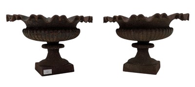 Lot 541 - PAIR OF VICTORIAN CAST IRON CLASSICAL STYLE GARDEN URNS PLANTERS