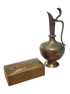 Lot 200 - EARLY 20TH CENTURY BENARES BRASS INLAID BOX AND ENGRAVED EWER