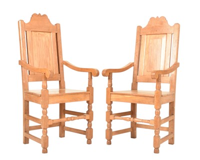 Lot 460 - PAIR OF COTSWOLD SCHOOL OAK WOOD THRONE CHAIRS