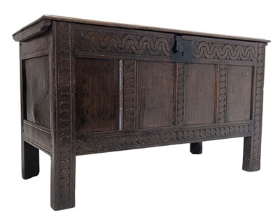 Lot 521 - 18TH CENTURY CARVED OAK PLANK COFFER CHEST