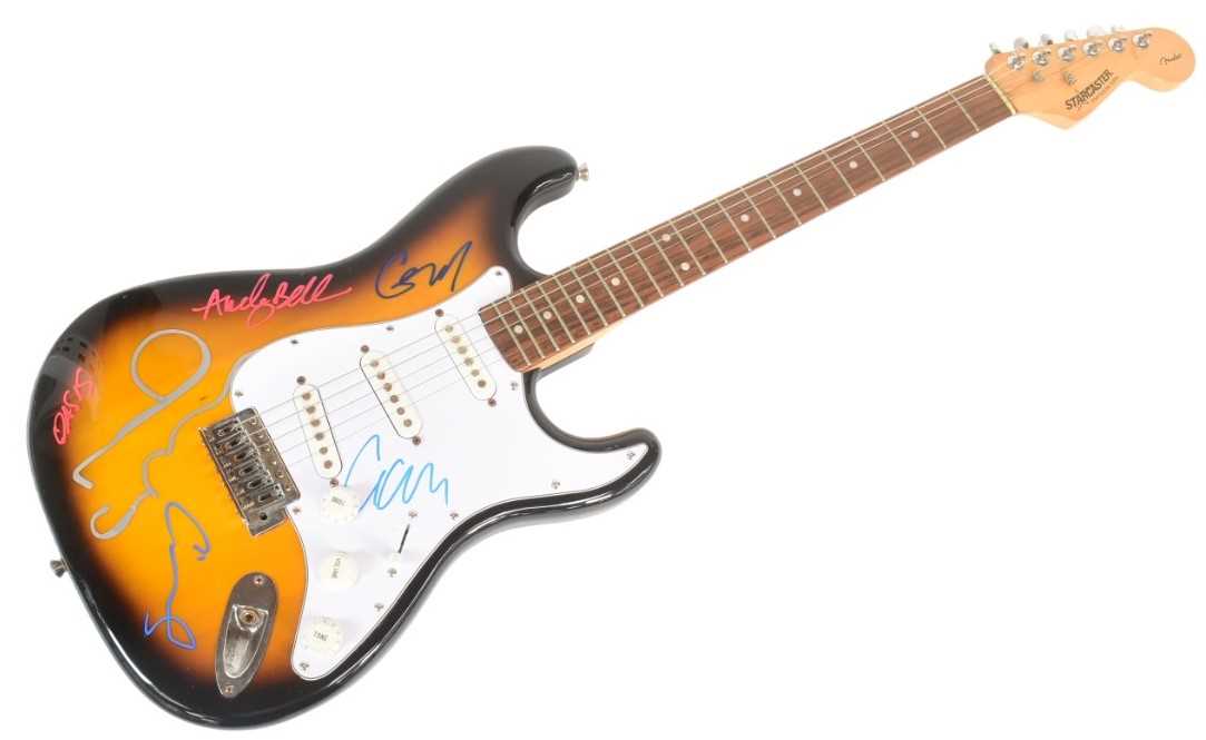 Lot 12 - OASIS (ENGLISH ROCK BAND) - RARE FULL BAND SIGNED GUITAR - AFTAL