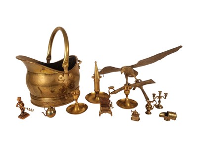 Lot 202 - 20TH CENTURY BRASS BIRD OF PREY, CANDLE STICKS & HANDLED COAL BUCKET