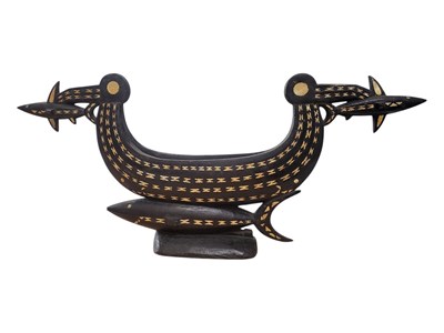 Lot 216 - SOLOMON ISLANDS DOUBLE HEADED BOAT SHAPED INLAID BOWL