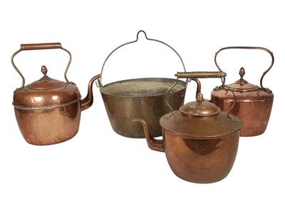 Lot 218 - LATE 19TH / EARLY 20TH CENTURY COPPER JAM PAN AND THREE KETTLES