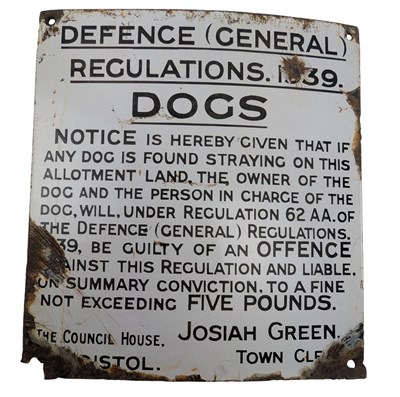 Lot 79 - DEFENCE REGULATIONS DOGS - MID CENTURY ENAMELLED NOTICE SIGN