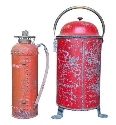 Lot 30 - TWO VINTAGE MID CENTURY CIRCA 1960S PAINTED METAL FIRE EXTINGUISHERS