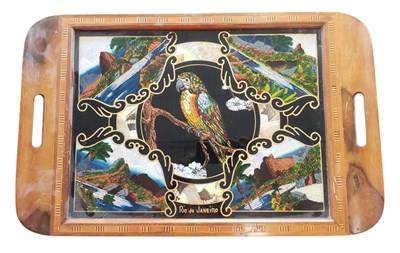 Lot 219 - EARLY 20TH CENTURY WOODEN TRAY WITH BUTTERFLY WING DECORATION