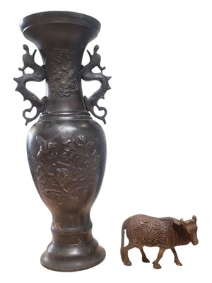 Lot 222 - 20TH CENTURY BRONZE INDIAN COW W/ 19TH CENTURY CHINESE BRONZE VASE
