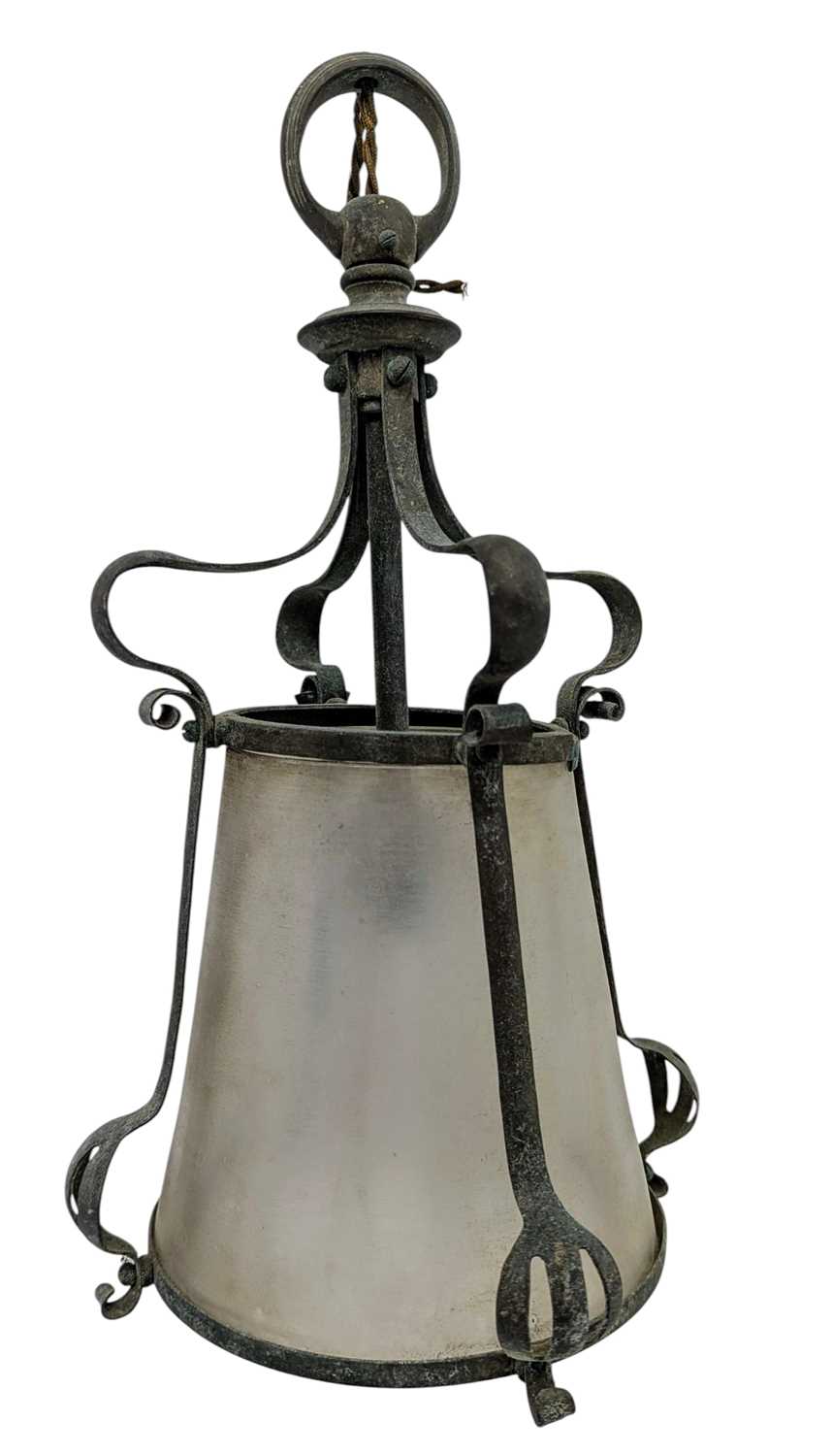 Lot 399 - ART NOUVEAU WROUGHT IRON & VASELINE GLASS CEILING PORCH LANTERN