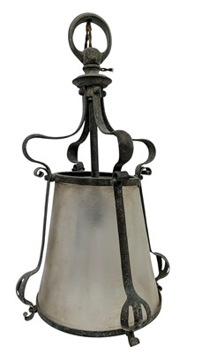 Lot 399 - ART NOUVEAU WROUGHT IRON & VASELINE GLASS CEILING LANTERN