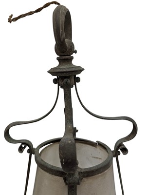 Lot 399 - ART NOUVEAU WROUGHT IRON & VASELINE GLASS CEILING PORCH LANTERN