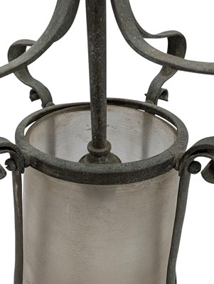 Lot 399 - ART NOUVEAU WROUGHT IRON & VASELINE GLASS CEILING PORCH LANTERN