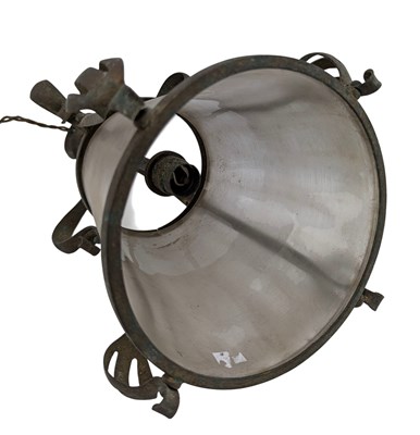 Lot 399 - ART NOUVEAU WROUGHT IRON & VASELINE GLASS CEILING PORCH LANTERN