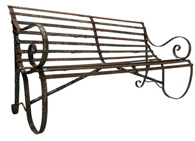 Lot 283 - REGENCY 19TH CENTURY STRAP IRON SCROLLED GARDEN BENCH