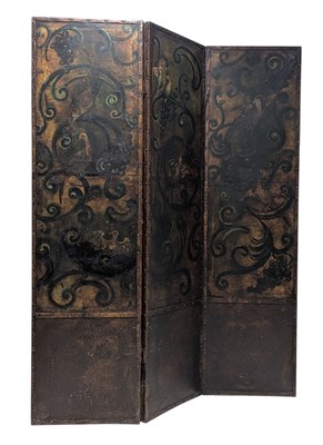 Lot 545 - EARLY 20TH CENTURY HAND PAINTED LEATHER STUDDED THREE FOLD SCREEN