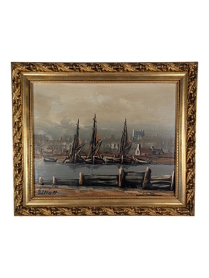 Lot 671 - EDWARD ELLIOTT (B.1918) - 20TH CENTURY OIL ON BOARD HARBOURSIDE SCENE