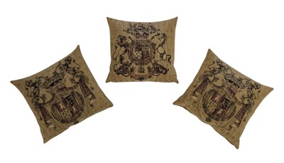 Lot 566 - HINES OF OXFORD - THREE FLEMISH TAPESTRIES ARMORIAL CHENILLE CUSHIONS