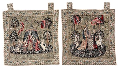 Lot 362 - HINES OF OXFORD - PAIR OF LOOM WOVEN WALL TAPSTRIES OF LADY AND THE UNICORN