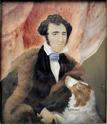 Lot 116 - ENGLISH 19TH CENTURY WATERCOLOUR ON IVORY PORTRAIT OF GENTLEMAN WITH DOG