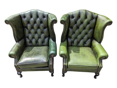 Lot 1047 - PAIR OF GREEN LEATHER CHESTERFIELD ARMCHAIRS