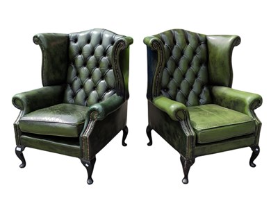 Lot 1047 - PAIR OF GREEN LEATHER CHESTERFIELD ARMCHAIRS